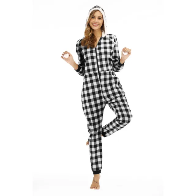 Women's Cotton Plaid Hooded Jumpsuit Black And White Plaid - Shop at LoveMi