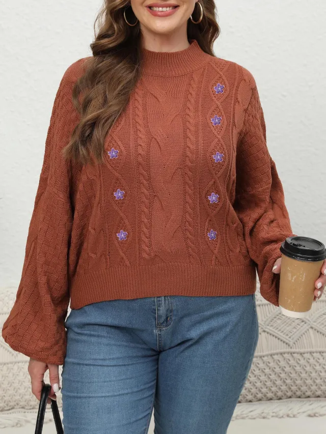 Women's Woven Sweater Plus Size Half turtleneck Lantern Sleeve Flower Sweater Brown - Shop at LoveMi