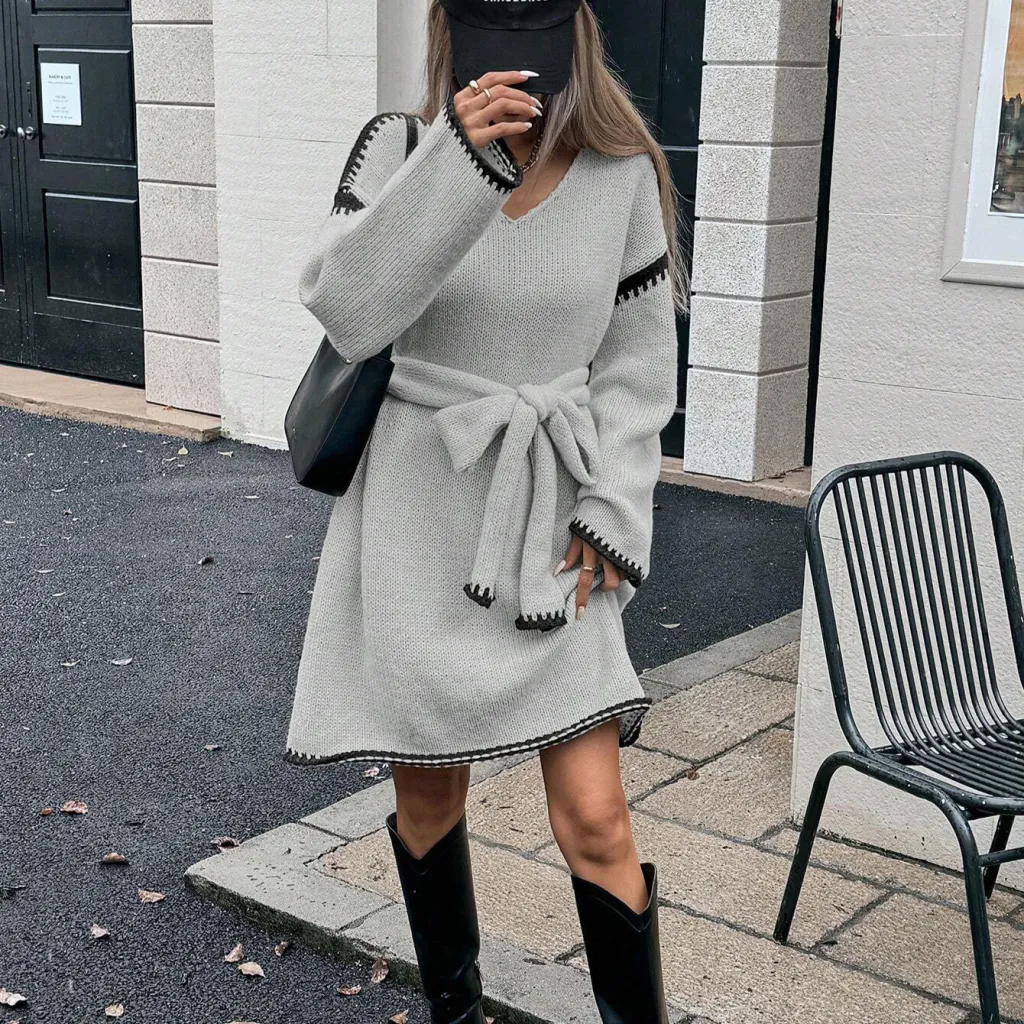Tie Waist Trimming Loose Knitted V-neck Dress - Light Gray