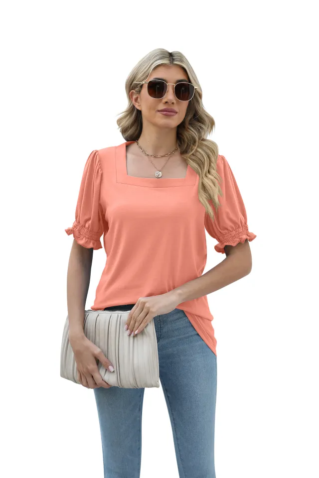 European And American New Solid Color Square Collar Short Sleeve Smocking Loose T shirt Pink - Shop at LoveMi