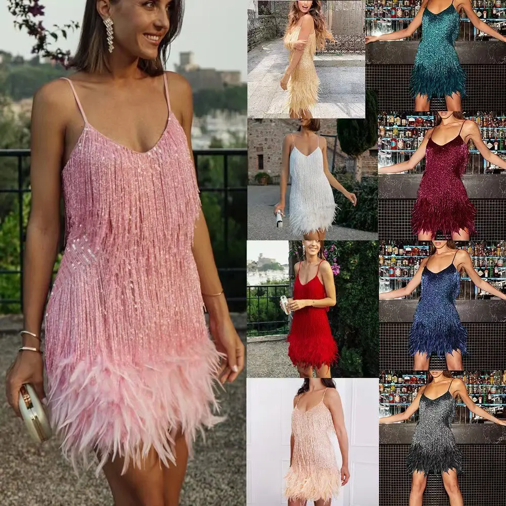 Sexy Tassel Sequins Feather Summer Mini Dress Women V