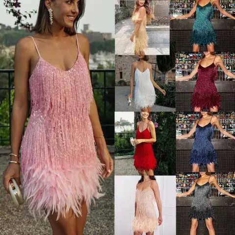 Sexy Tassel Sequins Feather Summer Mini Dress Women V