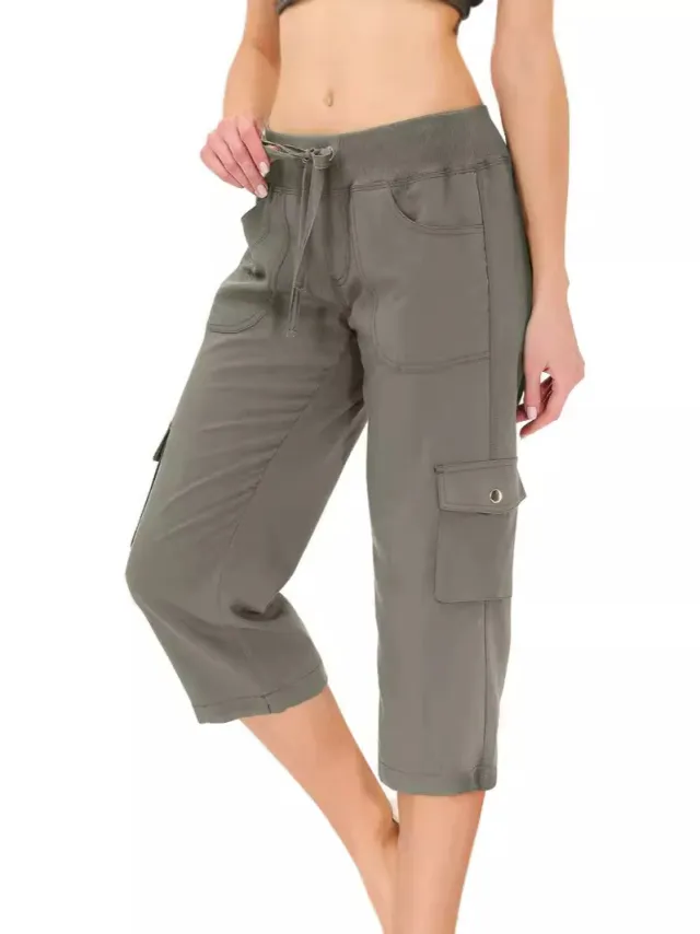 Women's Solid Color Drawstring Fitness Running Cropped Pants Gray - Shop at LoveMi