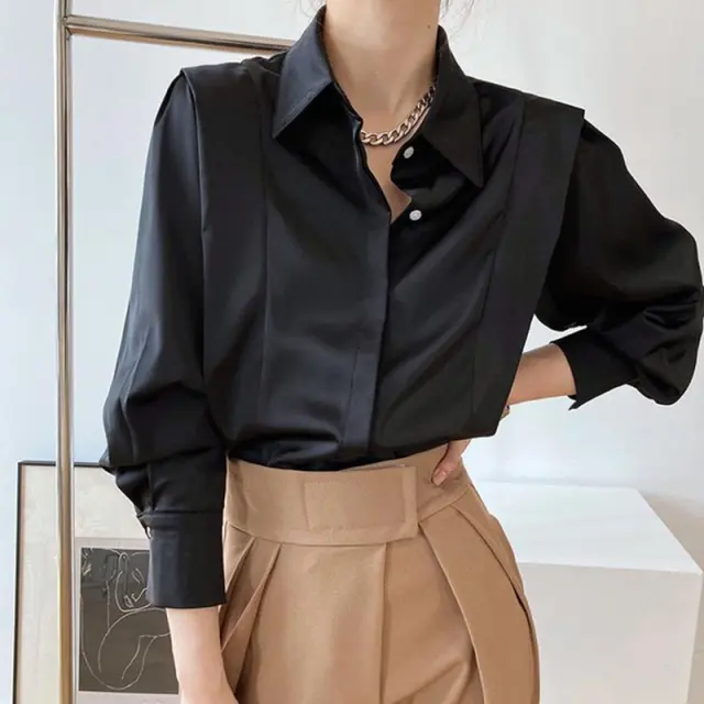 Women's Vintage Satin Ruffled Shirt Black - Shop at LoveMi