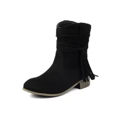 Short Boots Round Toe Foreign Trade Suede Tassel Women's Shoes - Black - View 1