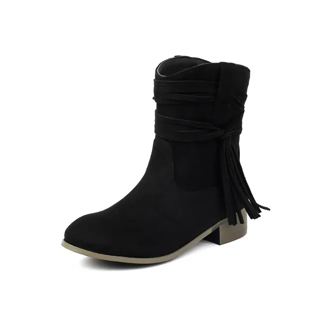 Short Boots Round Toe Foreign Trade Suede Tassel Women's Shoes Black - Shop at LoveMi