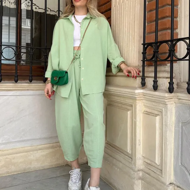 Independent Station Cross border New Fashion Casual Suit Versatile Loose Shirt High Waist Skinny Pants Two piece Set Light Green - Shop at LoveMi