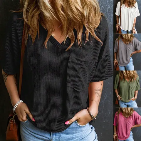 Fashionable Two-tone Pullover Short Sleeve V-neck Top for Women