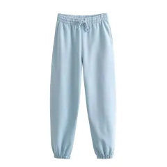 Autumn New Women's Clothing Solid Color Basic Short Sweater Ankle Banded Lace-up Jogger Pants Suit - Light Blue Pants - View 1