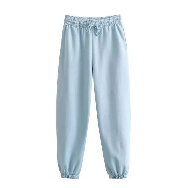 Autumn New Women's Clothing Solid Color Basic Short Sweater Ankle Banded Lace up Jogger Pants Suit Light Blue Pants - Shop at LoveMi