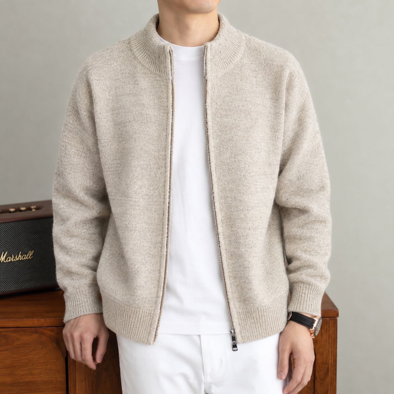 Wool Vintage-chic Zip-up Mens Knit Cardigan