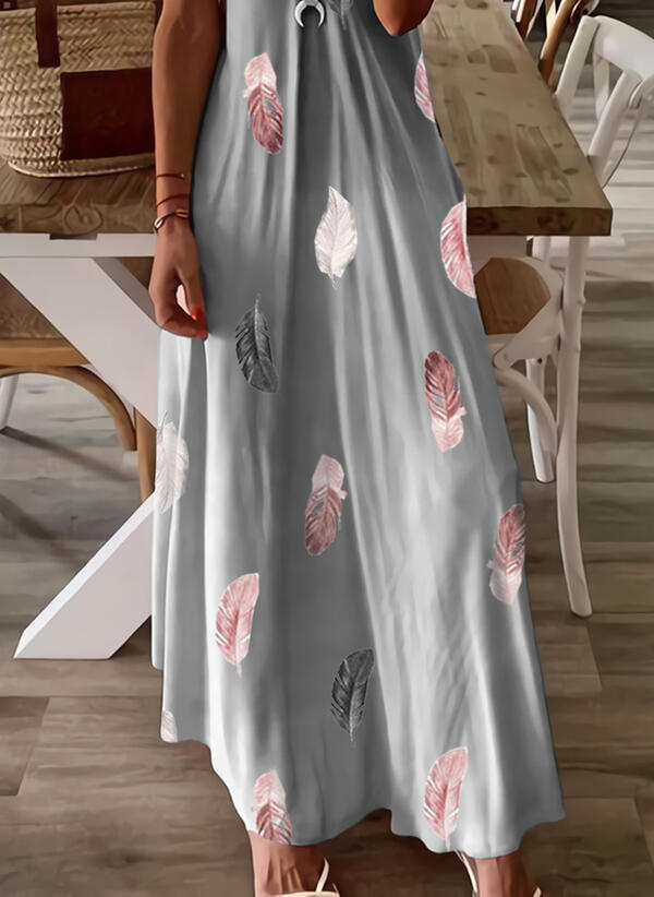 Sleeveless Slim-fit Feather Print Low-cut V-neck Strap Large Swing Dress