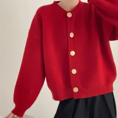 Round Neck Solid Color Loose Knitted Cardigan Women's Autumn And Winter - Red - View 1