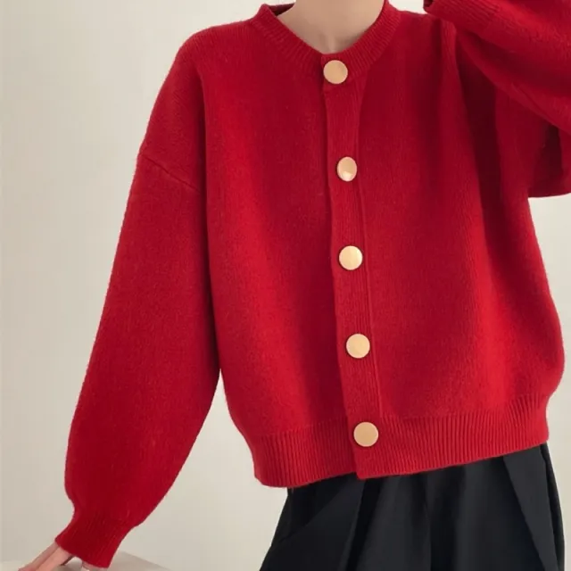 Round Neck Solid Color Loose Knitted Cardigan Women's Autumn And Winter Red - Shop at LoveMi