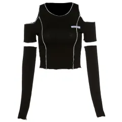 Women's Autumn And Winter Fashion Labeling Slim Round Neck Off-the-shoulder Short T-shirt For Women - Black - View 1