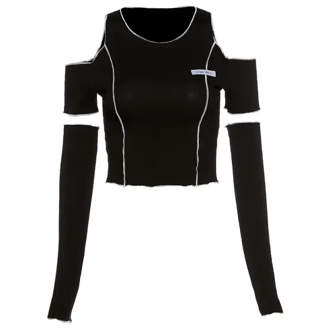 Women's Autumn And Winter Fashion Labeling Slim Round Neck Off the shoulder Short T shirt For Women Black - Shop at LoveMi