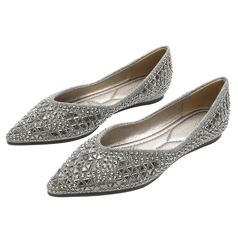 Women's Rhinestone Pointed Toe Flat Shoes Slip-On Dress Pumps