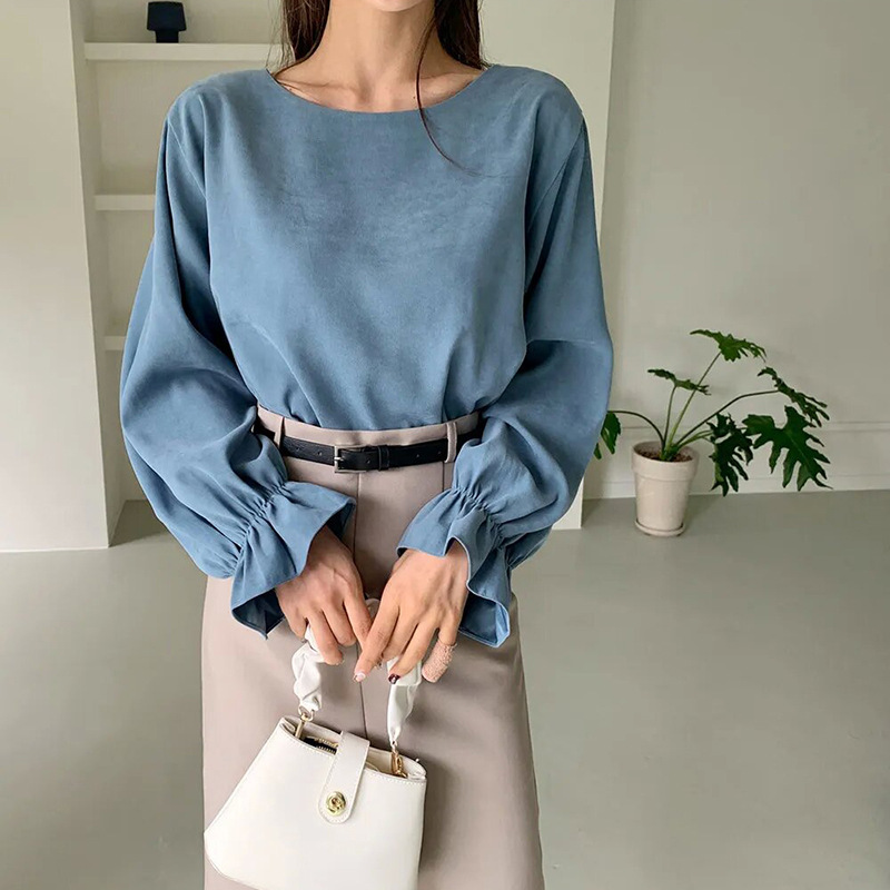 Pure Color Casual Versatile Round Neck Long Sleeve Top