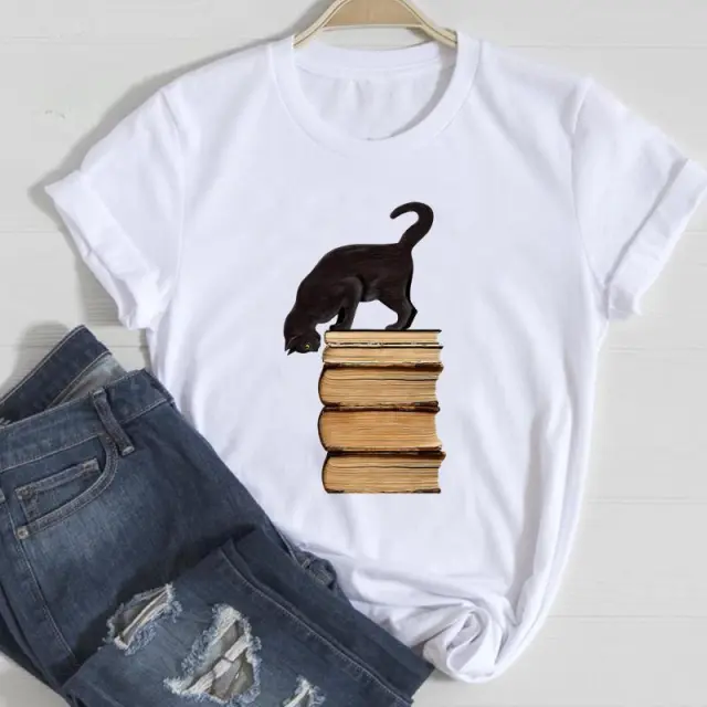 Cat Cute Printed European And American Short Sleeve White Aqp29386 - Shop at LoveMi