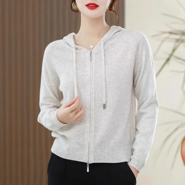 Lapel Knitted Cardigan Coat Ladies Hooded Loose Sweater White - Shop at LoveMi