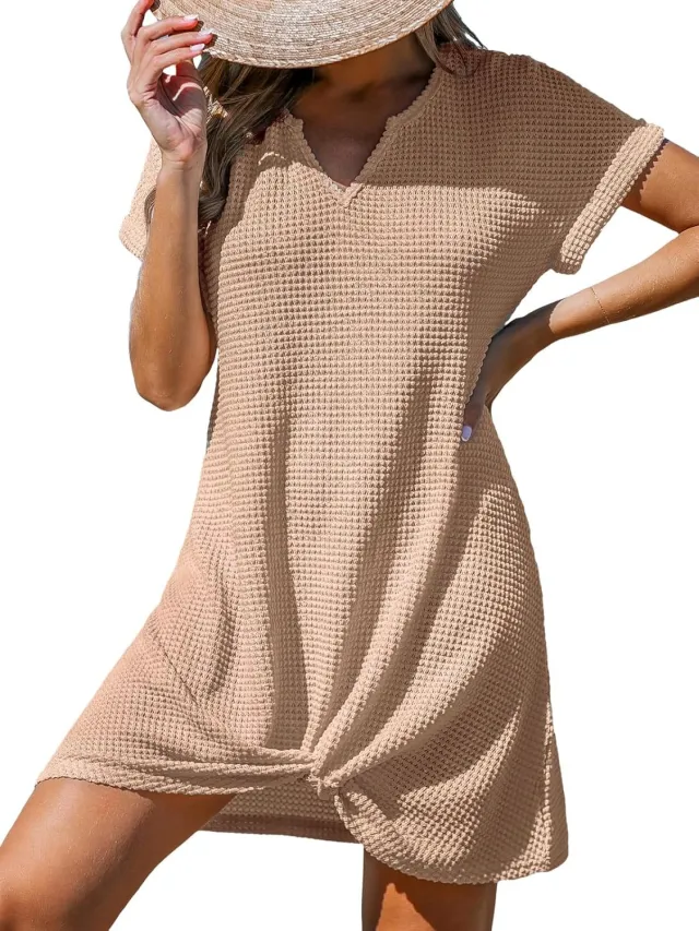 Polyester Women's Springsummer Beach V neck Knot Blouse Dress Khaki - Shop at LoveMi