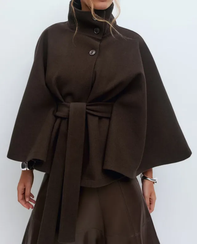 Winter High Neck Batwing Sleeve Coat With Belt Fashion Loose Elegant Button Top Trench Coat For Women Clothing Brown - Shop at LoveMi