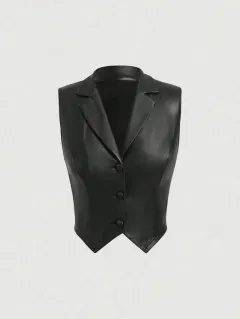 Leather Suit Collar Short Shipment Button Vest - Black - View 1