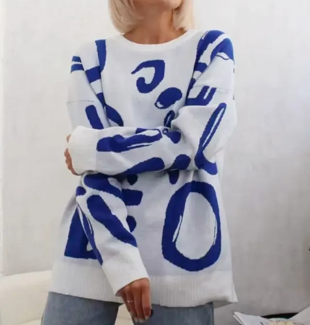 Women's Sweater Long Sleeve Round Neck Loose Sweater Blue - Shop at LoveMi