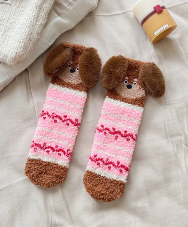 Cartoon Sausage Dog Coral Fleece Tube Socks Home Room Socks Pink - Shop at LoveMi