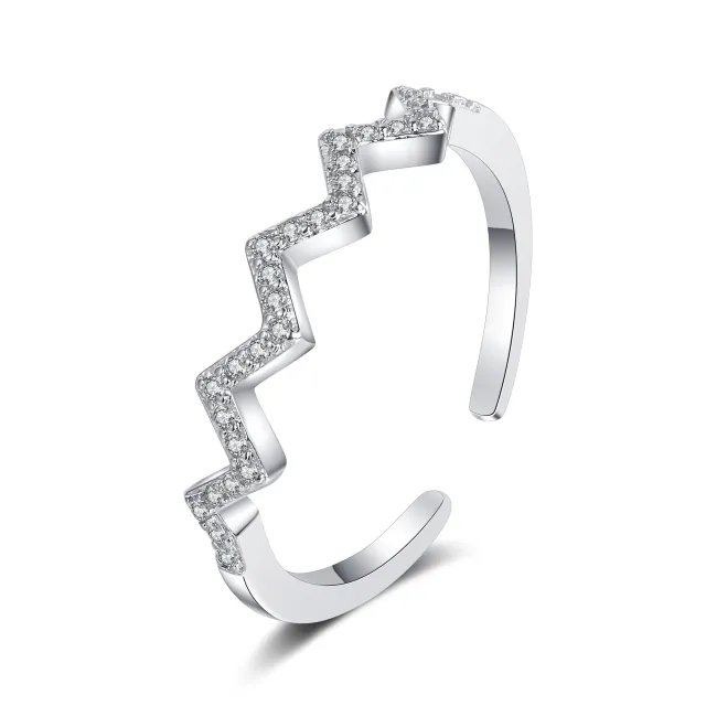ECG Wave V shaped Ring Fashion Simple Zircon Inlaid Ring White Gold Color - Shop at LoveMi