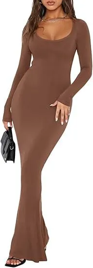 Soft Casual Long Dress With A Square Neckline And Long Sleeves Coffee - Shop at LoveMi
