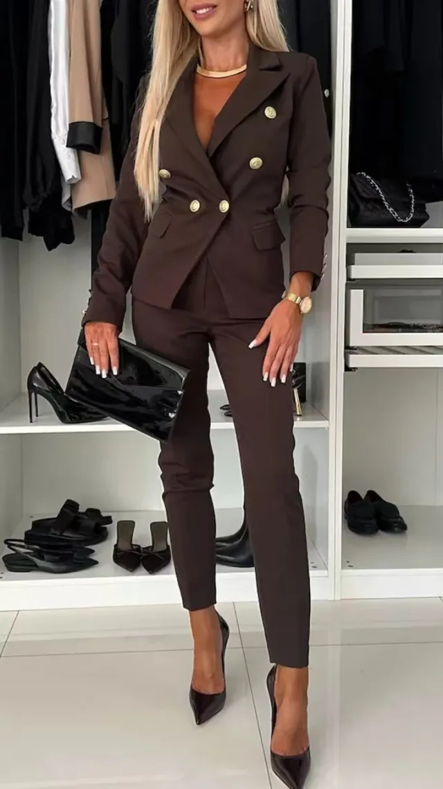 New All matching Casual Suit Lapel Button down Jacket And Slim fit Trousers For Women's Office Business Set Clothing Brown - Shop at LoveMi