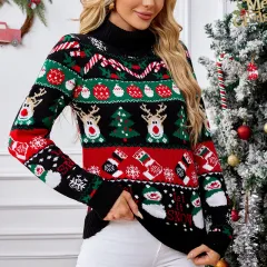 Women's Long-sleeved Turtleneck Sweater Autumn And Winter New Pullover - Black Christmas Sweater - View 1