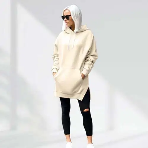 Solid Color Hooded Split Shoulder Sleeve Brushed Hoody Beige - Shop at LoveMi