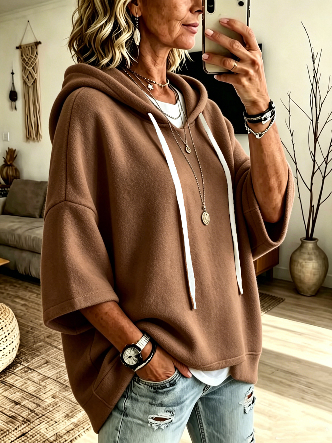 Womens Loose-fitting Hooded Top With Three-quarter Sleeves — foto 2