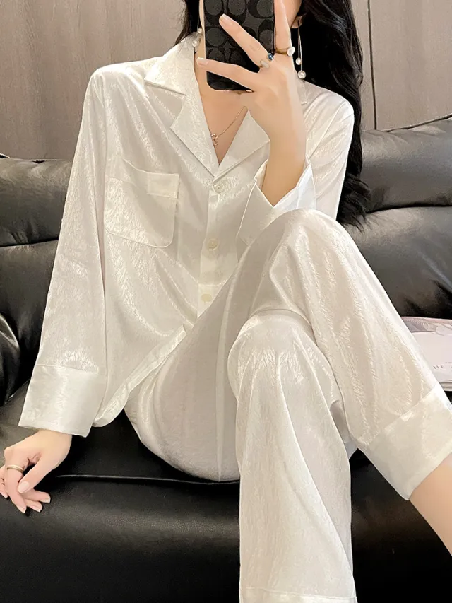 High end Long sleeved Jacquard Cardigan Ladies Home Leisure Suit White - Shop at LoveMi