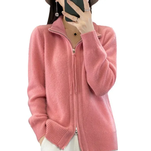Leisure Lazy Double Zipper Sweater Loose Knitted Pink - Shop at LoveMi