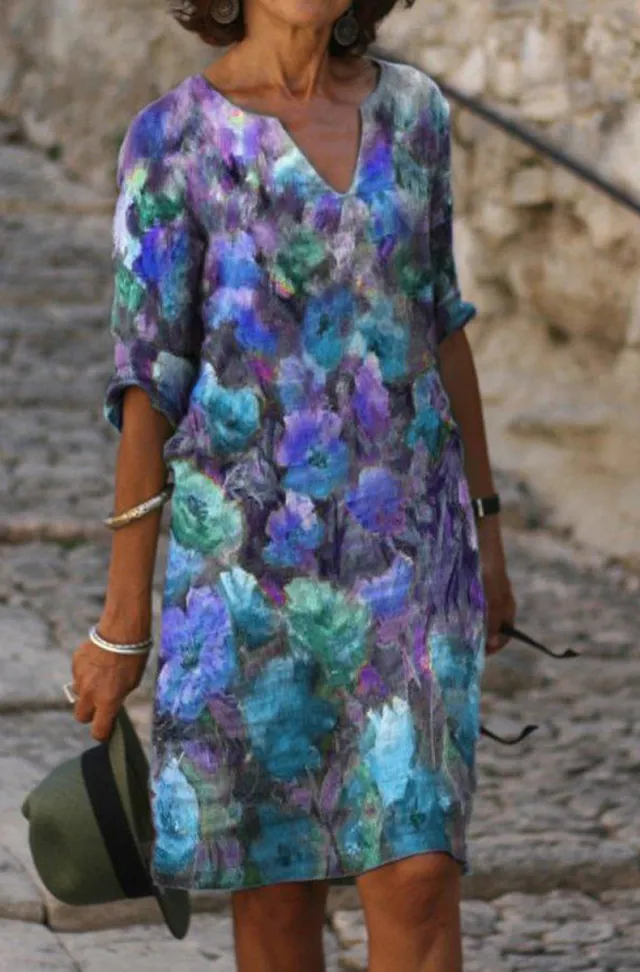 Women's Dress Fashionable Printed Multicolor V neck Summer And Autumn Dress Multicolor - Shop at LoveMi