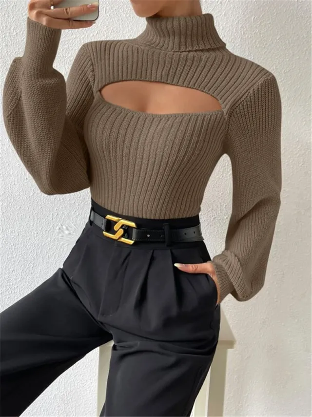 Sexy Loose High Collar Hollow All match Sweater Khaki - Shop at LoveMi