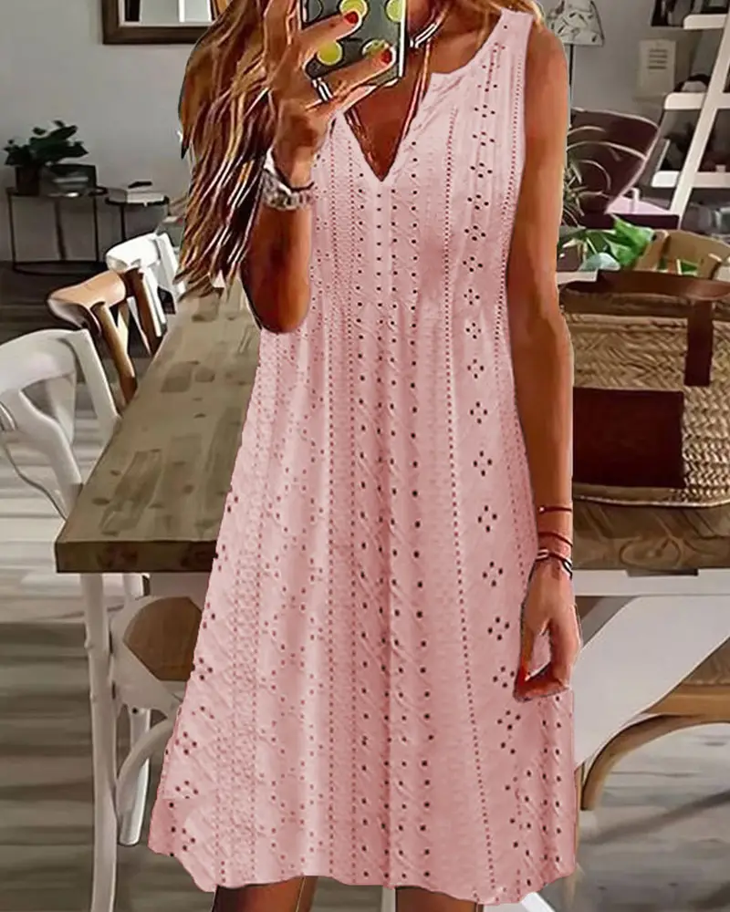 Women's Fashion Solid Color Hollow Jacquard V-neck Sleeveless Dress