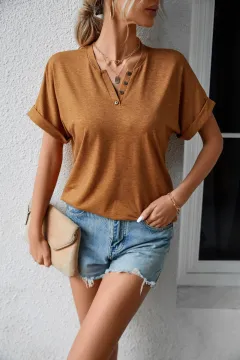European And American Summer Casual V-neck Solid Colour Buttons Loose T-shirt - Khaki - View 1