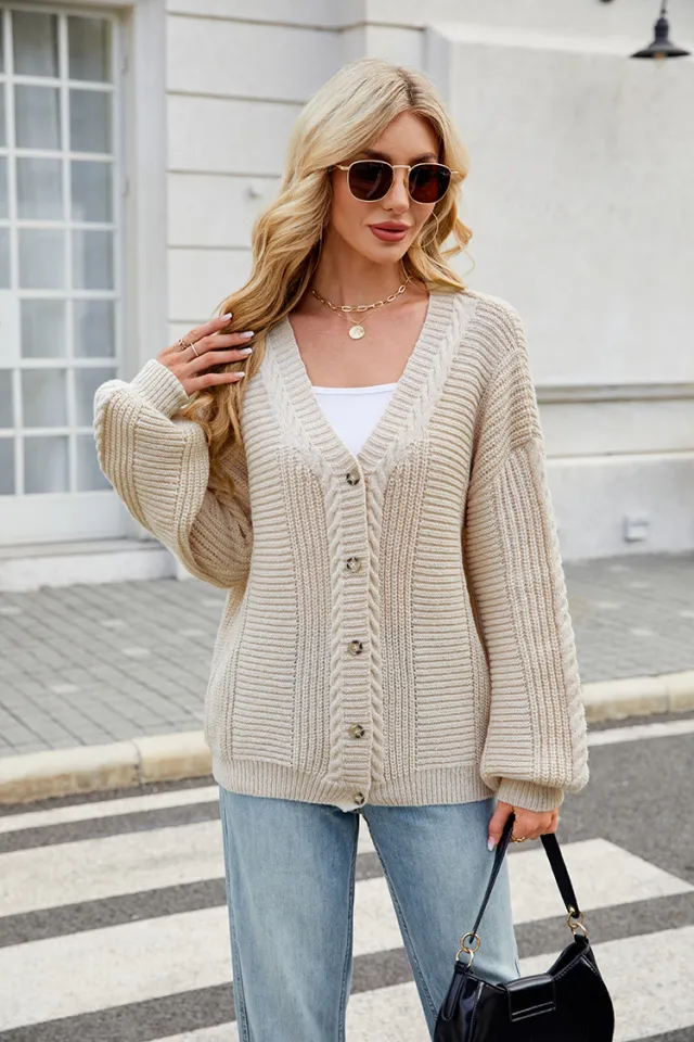 Women's Loose Long sleeved V neck Twisted Knitted Sweater Coat Beige - Shop at LoveMi