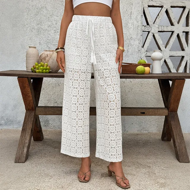 Lace Trousers Summer High Waist See through Straight leg Pants Women White - Shop at LoveMi