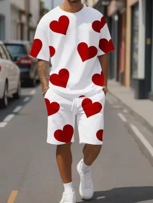 Mens 3D-printed Crew-neck Short-sleeve Shorts Set