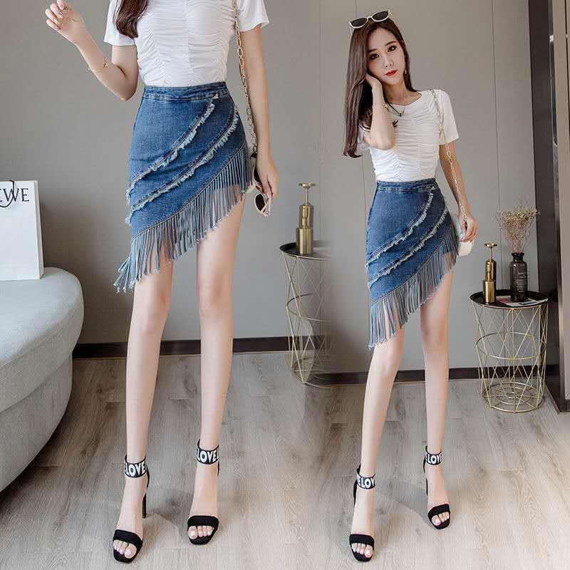 New Fake Two piece Tassel Denim Skirt For Women Wool Tassel Tassel Skirt L - Shop at LoveMi
