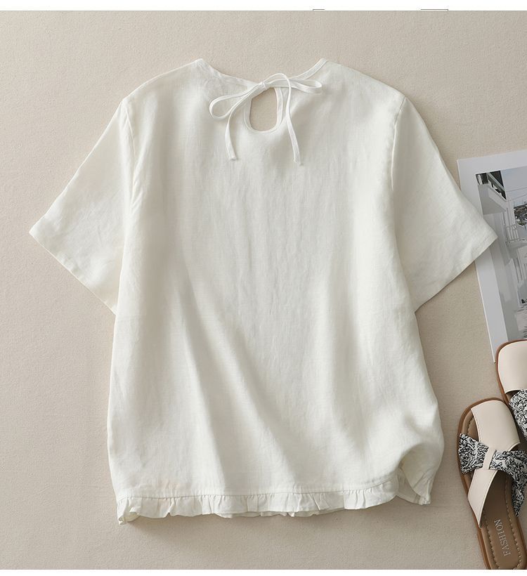 Retro Patchwork Cotton Short-Sleeve Shirt with Hollow-Back