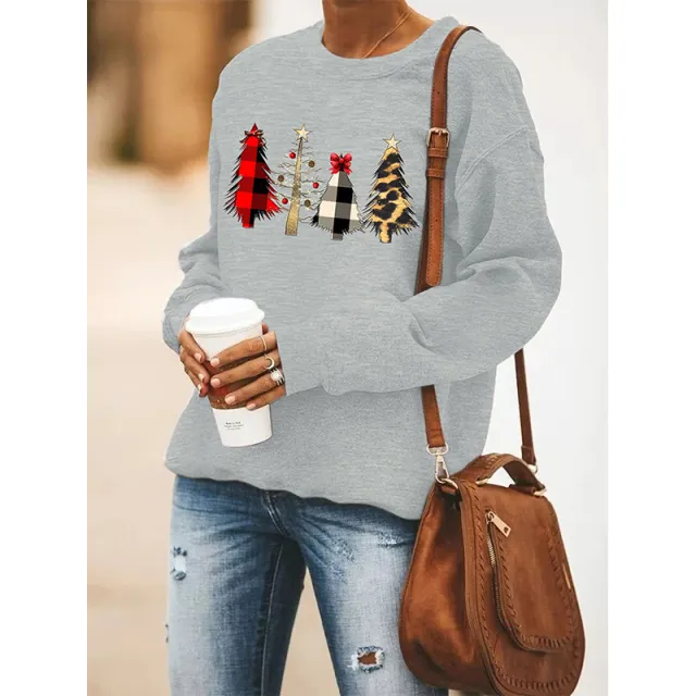 Women's Round Neck Long Sleeve Sweater Christmas Gray - Shop at LoveMi