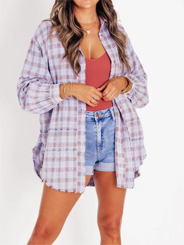 Autumn And Winter New Women's Tassel Long sleeved Top Loose Casual Plaid Shirt Coat Women Lavender Purple - Shop at LoveMi