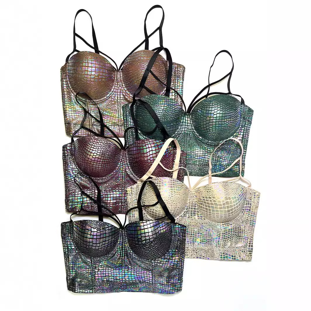 Sparkling Snakeskin-embossed Gold-stamped Strap Bra With Cup Support