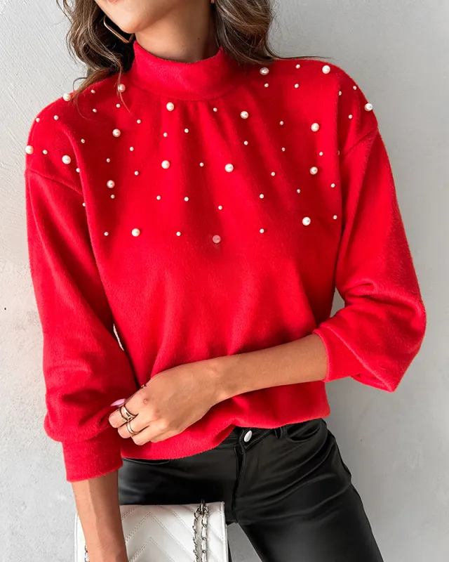 European And American Women's Clothing Beaded Turtleneck Long sleeved Top Red - Shop at LoveMi